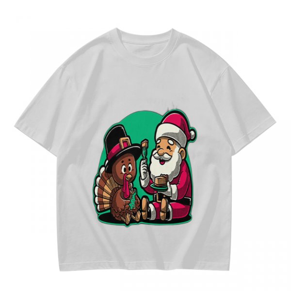 Olive T-Shirt with Santa and Thanksgiving Turkey Graphic
