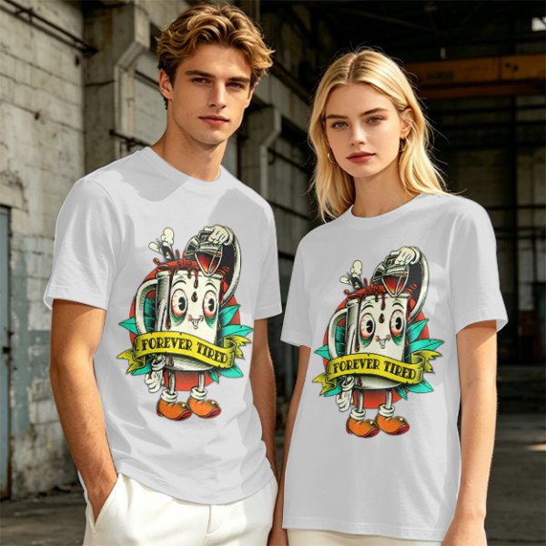 Forever Tired Coffee Mug Cartoon Character T-Shirt Design