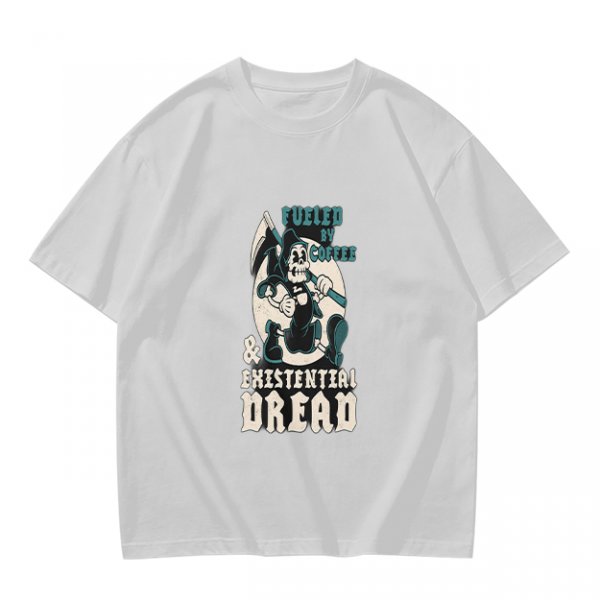 Olive graphic t-shirt with 'Fueled by Coffee & Existential Dread' grim reaper print