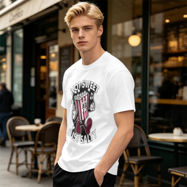 Olive T-Shirt with 'Not Sweet Just Salty' Cartoon Popcorn Print