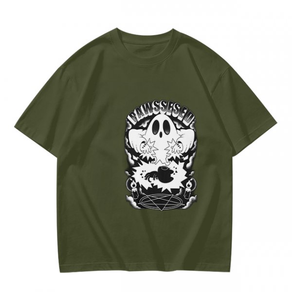 Olive T-shirt with Ghost and Occult Graphic Print