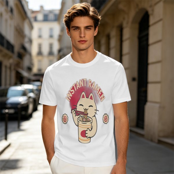Olive green t-shirt with a cartoon cat eating instant ramen