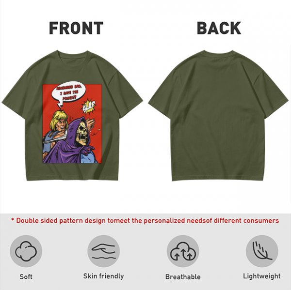 Olive T-shirt with He-Man slapping Skeletor comic print
