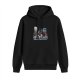 Black hoodie with winter snow scene graphic of a round character with red scarf