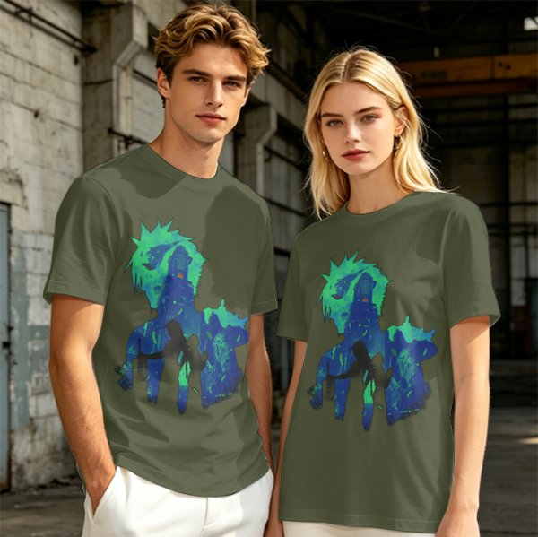 Olive Green Anime Graphic T-Shirt with Spiky Character Art