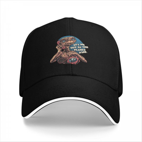 Black baseball cap with E.T. 'Get Me Out Of This Planet ASAP' print