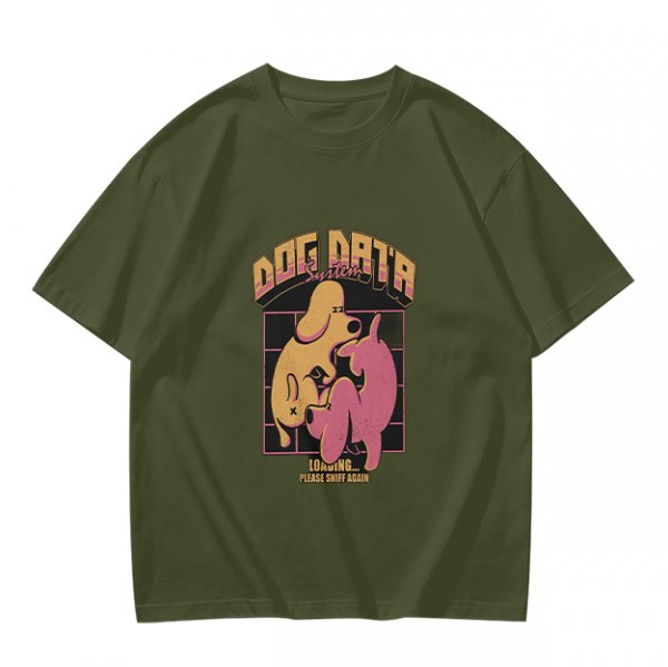 Olive green graphic t-shirt with dog data system print