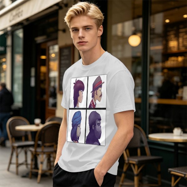 Olive T-Shirt With Four Gorillaz Character Portraits Print