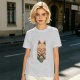 Olive green t-shirt with cute cat holding a mug print