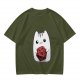 Olive T-Shirt With Cute White Cat Holding D20 Dice Print