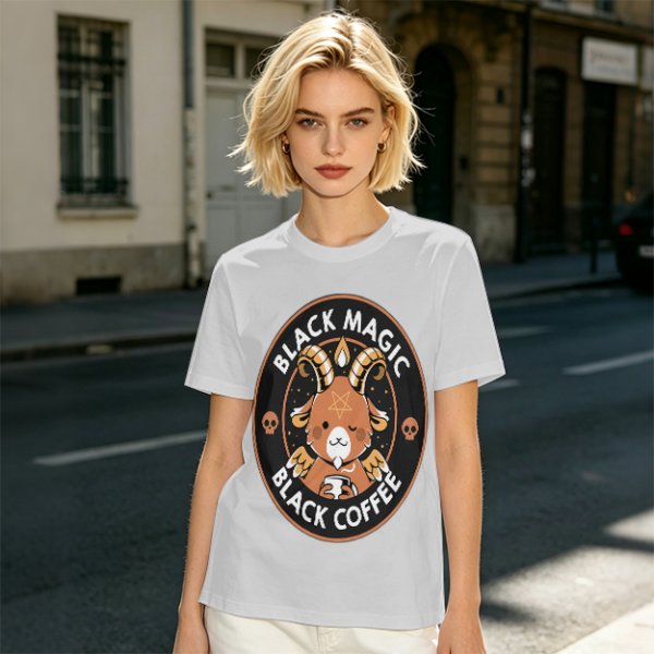 Olive t-shirt with black magic black coffee goat graphic print