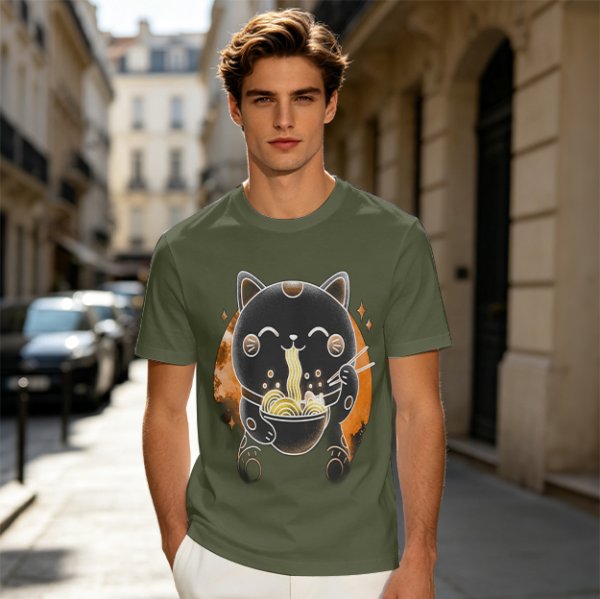 Olive T-Shirt Featuring Black Maneki-neko Cat Eating Ramen