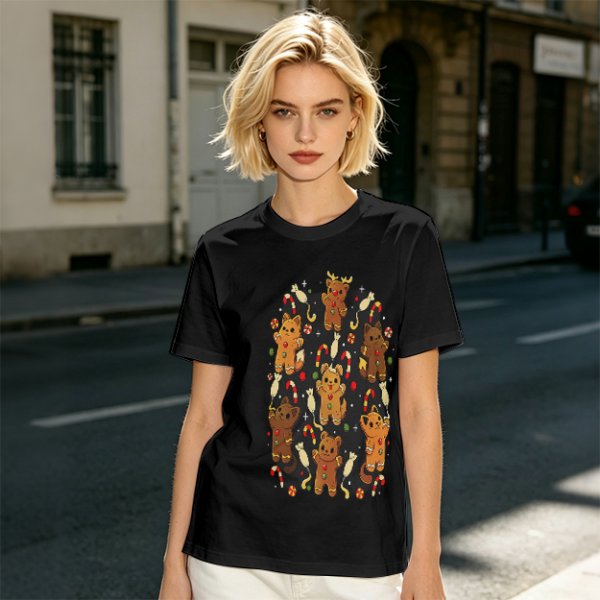 Olive T-Shirt With Cute Gingerbread Animal Christmas Print