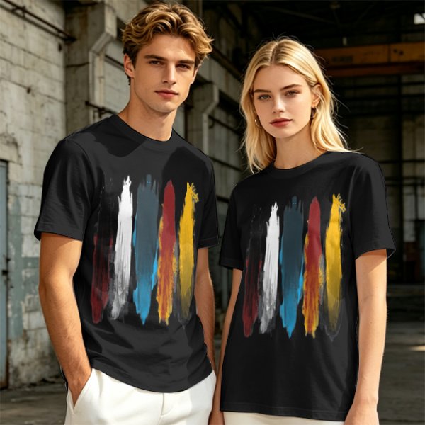 Olive Green T-Shirt With Vertical Colorful Brushstroke Figure Art