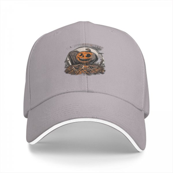 Black baseball cap with Halloween pumpkin skeleton graveyard graphic