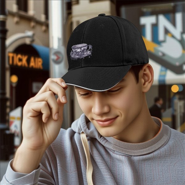 Black baseball cap with gothic teacup skull and rose print