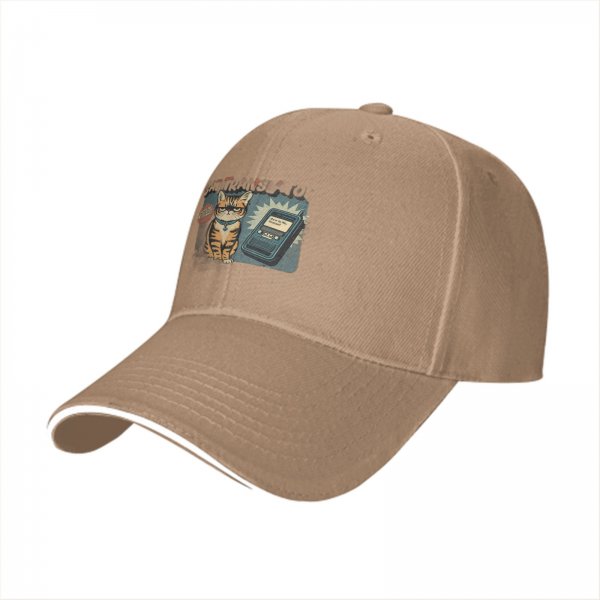 Black baseball cap with retro grumpy tabby cat and old mobile print