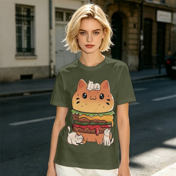 Olive T-Shirt With Cute Cat Burger And Kittens Print