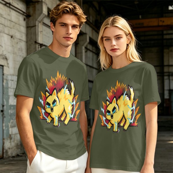 Olive T-Shirt With Super Saiyan Style Electric Cat Graphic