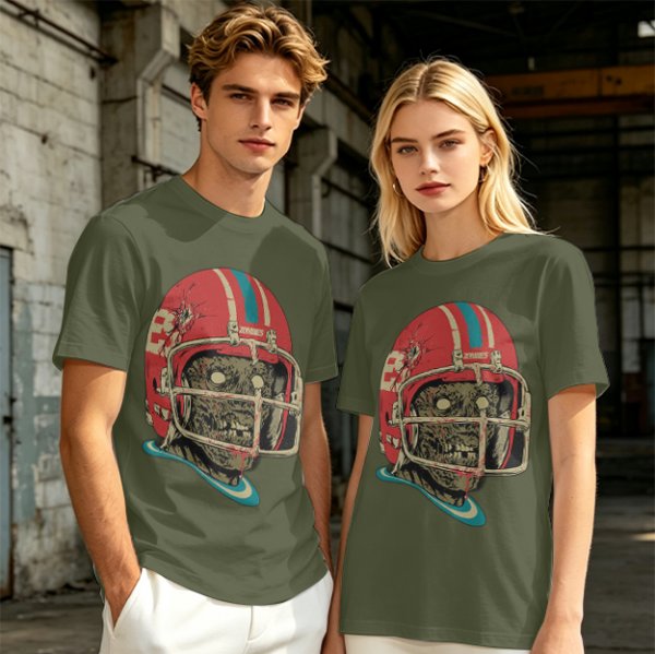 Olive T-Shirt with Zombie Football Player Helmet Graphic