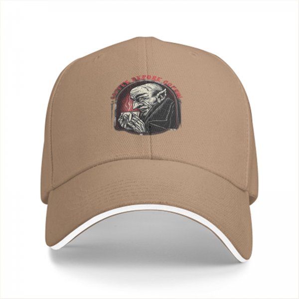 Black baseball cap with vampire drinking coffee 'Coffee Before Coffin' print