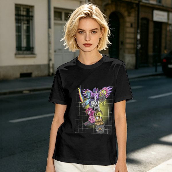Olive T-shirt with colorful robot transformer graphic print