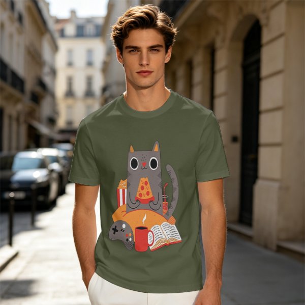 Olive T-Shirt With Cozy Cat Eating Pizza And Gaming Print