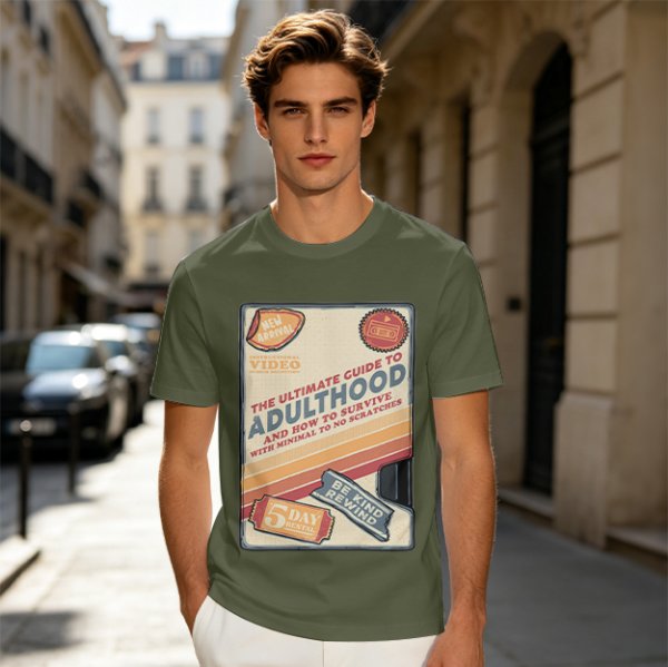 Olive t-shirt with retro guide to adulthood VHS-style print