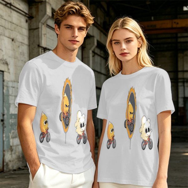 Olive T-Shirt With Cartoon Characters Riding Bikes Through Portal
