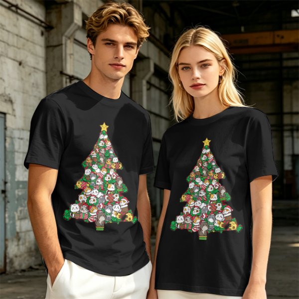 Olive T-Shirt With Cute Cat Christmas Tree Holiday Print