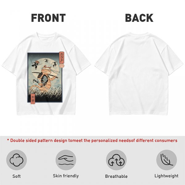 Samurai Cat Fighting Ninjas Ukiyo-e Style Graphic T-Shirt