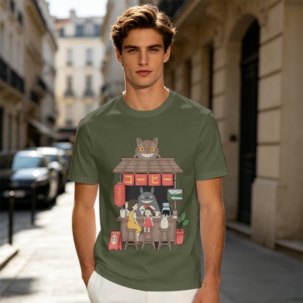 Studio Ghibli inspired coffee stand t-shirt with Totoro and friends