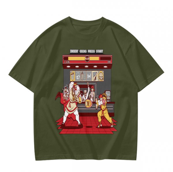 Olive T-shirt with Fast Food Themed Street Fighter Style Fight Artwork