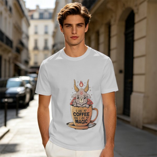 Olive t-shirt with cute Baphomet coffee magic print