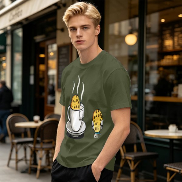 Olive T-Shirt With Funny Cookie In Coffee Cup Print
