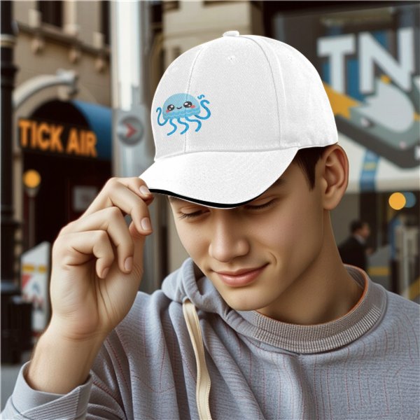 Black Baseball Cap With Cute Kawaii Light Blue Jellyfish Print