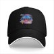 Black baseball cap with psychedelic blue cat graphic design