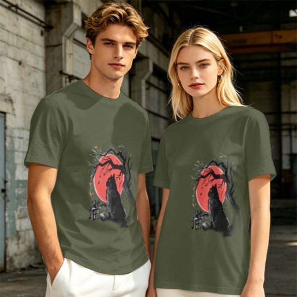 Olive T-Shirt with Black Cat and Red Moon Gothic Art Print