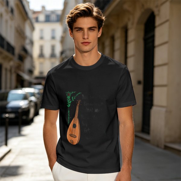 Olive Green T-Shirt with Lute and Botanical Graphic Print
