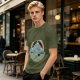 Olive T-shirt with Dancing Skeleton Mountain Rainbow Cat Graphic