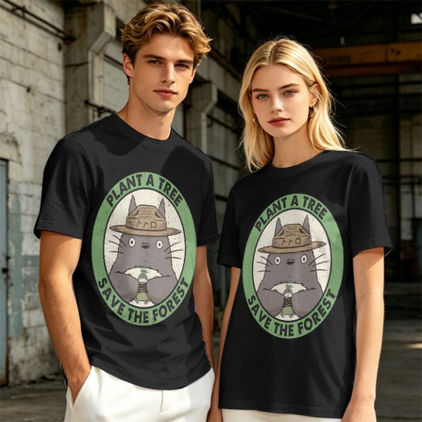 Olive green Totoro graphic t-shirt with plant a tree save the forest slogan