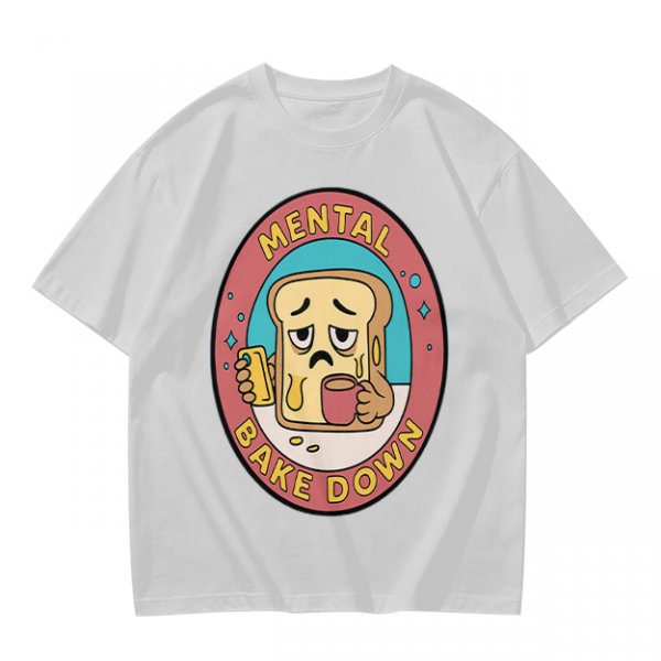 Olive T-Shirt with Sad Toast Holding Coffee and Phone Mental Bake Down Print