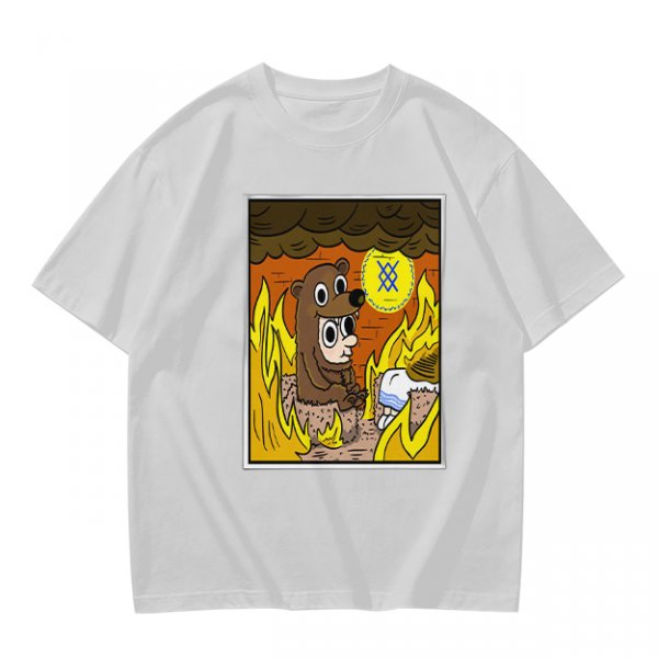 Olive T-shirt with Cartoon Bear Costume Figure in Flames Art
