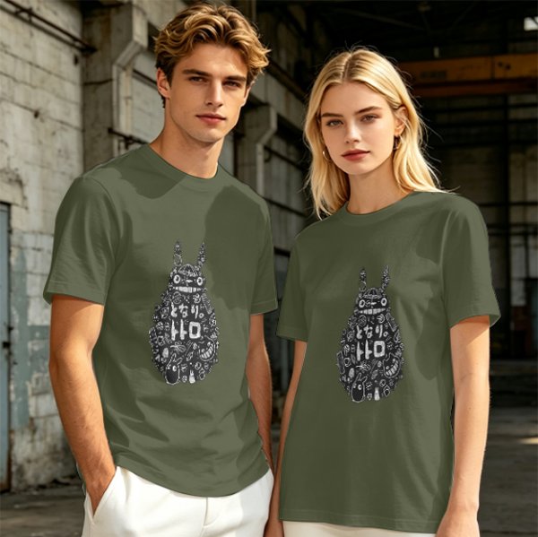 Olive T-shirt with Totoro Doodle Art Print