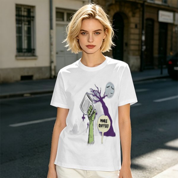 Olive Zombie Hand Holding Coffee Mug 'More Coffee!' Graphic T-Shirt
