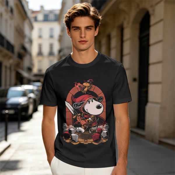 Olive T-Shirt Featuring Snoopy as a Fantasy Warrior with Woodstock