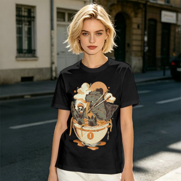 Olive T-Shirt Featuring Godzilla Eating Ramen Noodles
