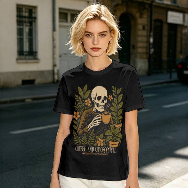 Skeleton with Coffee and Plants T-Shirt Graphic
