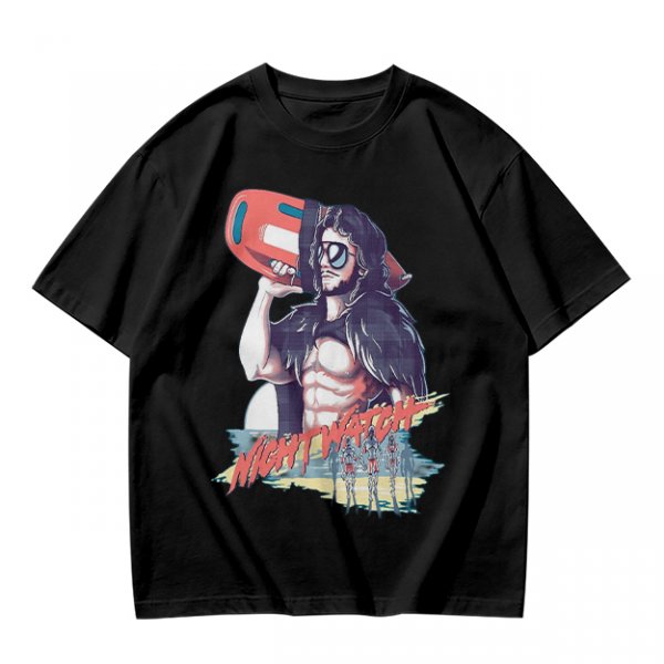 Olive Graphic T-Shirt with Muscular Figure Holding Red Device and Night Watch Text