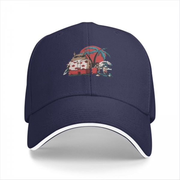 Black Baseball Cap with Tropical Beach Themed Graphic Print